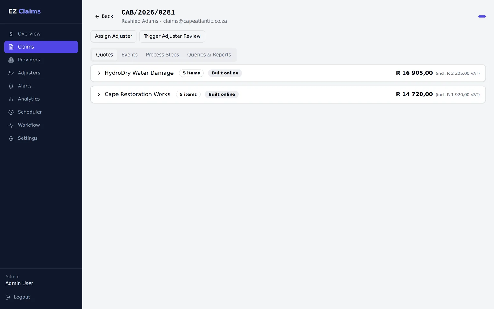 Easy Claims claim detail view comparing two competing repair quotes side by side